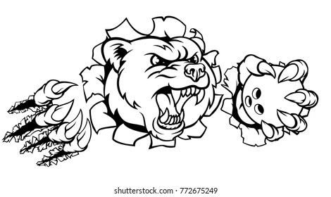 A bear angry animal sports mascot holding a ten pin bowling ball and breaking through the background with its claws