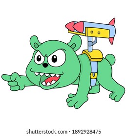 The bear with an angry face has a missile on its back ready to attack, character cute doodle draw. vector illustration