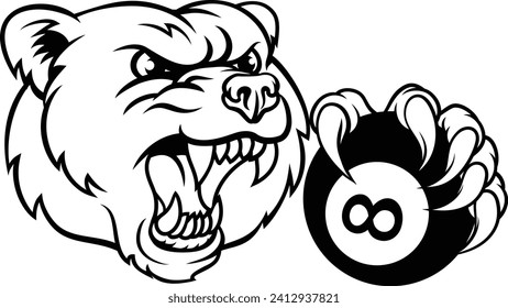 A bear angry mean pool billiards mascot cartoon character holding a black 8 ball. 