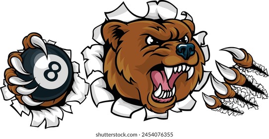 A bear angry mean pool billiards mascot cartoon character holding a black 8 ball. 