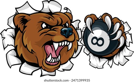A bear angry mean pool billiards mascot cartoon character holding a black 8 ball. 