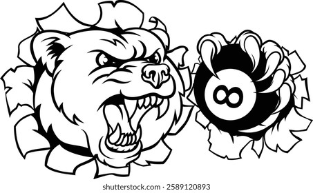 A bear angry mean pool billiards mascot cartoon character holding a black 8 ball. 