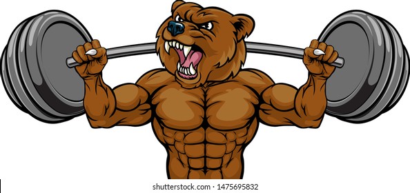 A bear animal body builder sports mascot weight lifting a barbell 