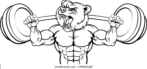 A bear animal body builder sports mascot weight lifting a barbell 