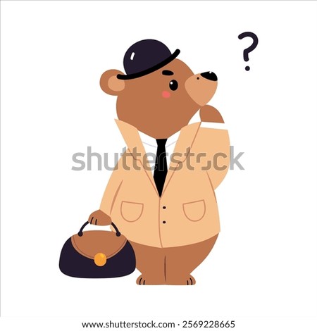 Bear Animal Detective Character Ask Question Investigating and Search for Evidence Vector Illustration
