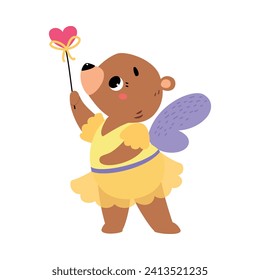 Bear Animal Fairy in Pretty Dress with Magic Wand and Wings Vector Illustration