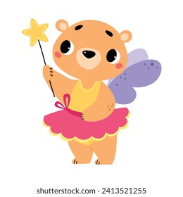 Bear Animal Fairy in Pretty Dress with Magic Wand and Wings Vector Illustration