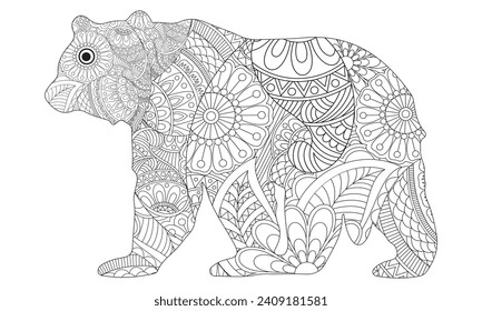Oso. Animal. Oso dibujado a mano aislado en blanco. Estilo Zentangle. Animales de ilustración vectorial para la página de coloreado anti estrés. Colores para adultos, antiestrés, patrones de oso. Vector