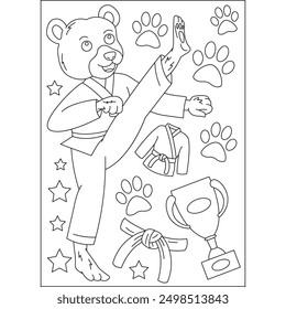 Página de libro para colorear de artes marciales de animales de oso para niños o adultos adultos adultos adultos creativos para colorear actividad de relajación consciente