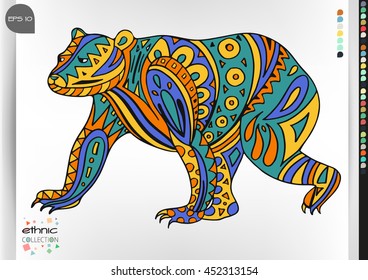 Bear. Animal patterns with hand-drawn doodle waves and lines. Vector illustration in bright colors.