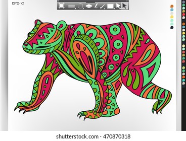 Bear. Animal patterns with hand-drawn doodle waves and lines. Vector illustration in bright colors.