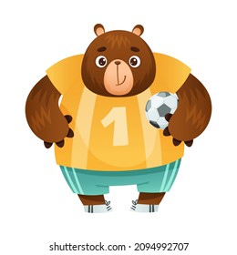 Bear animal playing soccer. Cute football mascot in sports uniform in sports uniform cartoon vector illustration