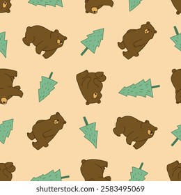 Bear Animal Tree Vector Seamless Pattern illustration for Print, Wallpaper, Decoration.