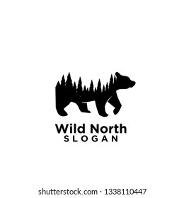 bear animal wild north life. animal with north wild pine tree silhouette logo icon designs vector illustration template. for hunting and wild adventure logo product and trip.
