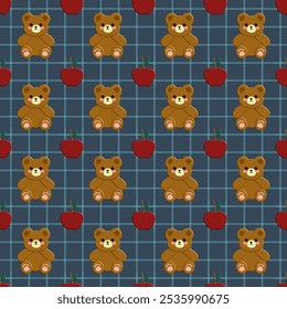 Bear , apple, on a gray background,, cute pattern, seamless pattern 