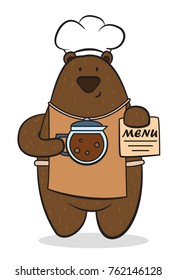 a bear in an apron holds a teapot with hot coffee,cartoon character,bear-cook, vector image,