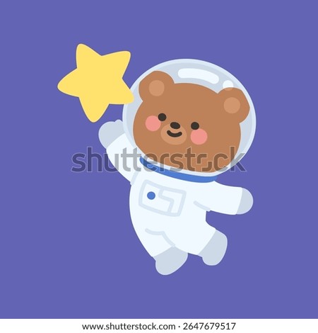 Bear Astronaut Floating with Star in Upward Reach Pose on Purple Space Vector Illustration
