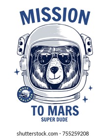 Bear astronaut, hand drawn vector animal illustration, for t-shirt and other uses.