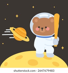 Bear Astronaut Holding Bat in Batting Stance on Moon with Saturn Approaching Vector Illustration