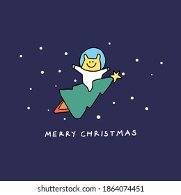 bear astronaut on christmas tree rocket. Cute Merry Christmas and Happy New with astronaut greeting card in space theme. Printable hand drawn design. On dark blue background.