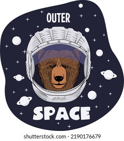 Bear astronaut outer space, hand drawn vector animal illustration, for t-shirt and other uses.