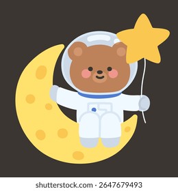 Bear Astronaut Sitting on Crescent Moon and Holding Star in Flat Style Vector Illustration