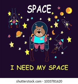 Bear Astronaut, Vector flat cosmos design background.  Astronaut, Spaceship, Rocket, Moon, Stars in Outer space