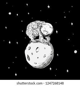 Bear astronaut walks on the moon.