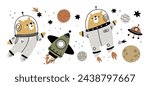 Bear astronauts, rocket, planets and stars. Cute cartoon baby bears in space illustration isolated white background. Space adventure baby animals
