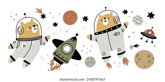 Bären-Astronauten, Raketen, Planeten und Sterne. Nette Cartoon Baby Bären in Raum Illustration isoliert weißen Hintergrund. Weltraum-Abenteuer-Babytiere