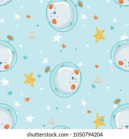 bear astronaut.seamlss pattern. cartoon hand drawn vector illustration. Can be used for baby t-shirt print, fashion print design, kids wear, baby shower celebration greeting and invitation card.