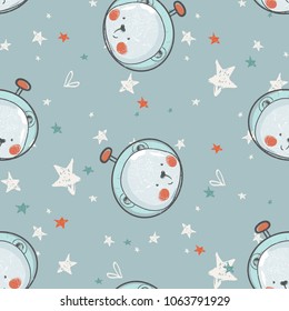 bear astronaut.seamlss pattern. cartoon hand drawn vector illustration. Can be used for baby t-shirt print, fashion print design, kids wear, baby shower celebration greeting and invitation card.