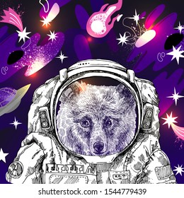 Bear in astrounaut helmet sketch . Hand drawn vector illustration. Perfect for print for t-shirt, poster.