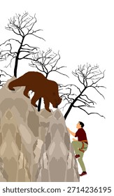 Hombre de ataque de oso escalador en la Ilustración vectorial del acantilado aislado. Situación de riesgo de la naturaleza al aire libre, amenaza de vida del cuerpo contra la bestia enojada. Peligro de la vida silvestre masculina turística. Accidente de zoológico persiguiendo presas de animales.