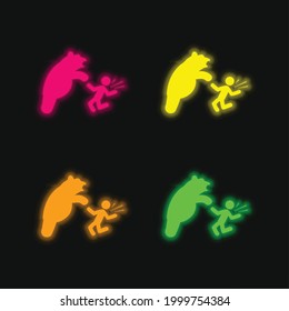 Bear Attacking four color glowing neon vector icon