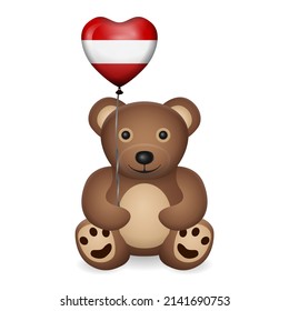 Bear with Austria flag heart balloon on a white background. Vector illustration.