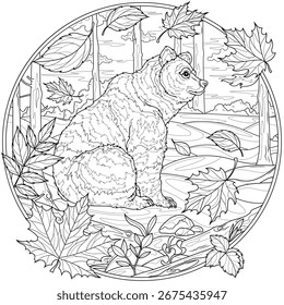 Bear in the autumn forest in round frame.Coloring book antistress for children and adults. Illustration isolated on white background. Hand draw