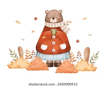 Bear in Autumn Garden with Leaves