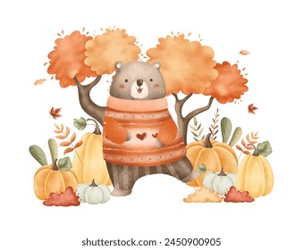 Bear in Autumn Garden with Pumpkin and Leaves