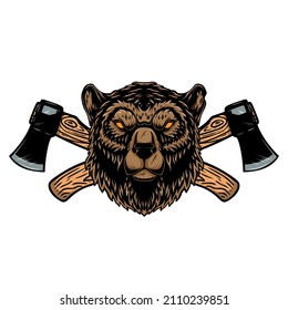 Bear with axes. Design element for poster, emblem, sign, logo, label. Vector illustration