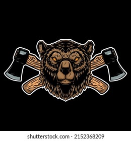 Bear with axes. Design element for poster, emblem, sign, logo, label. Vector illustration