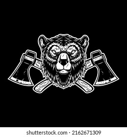 Bear with axes. Design element for poster, emblem, sign, logo, label. Vector illustration