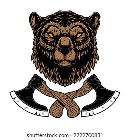 Bear with axes. Design element for poster, emblem, sign, logo, label. Vector illustration