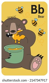 Bear B letter. A-Z Alphabet collection with cute cartoon animals in 2D. Bear eating honey with closed eyes. Brown bear has lunch while bees are flying around. Hand-drawn funny simple style.