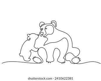 Bear with baby cub. Mother and baby. Mother day concept. Continuous one line drawing. Vector illustration. Hand drawn.