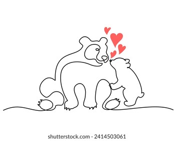 Bear with baby cub with red hearts. Family love concept Mother and baby. Mother day. Continuous one line drawing. Vector illustration. Hand drawn.