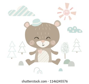 Bear baby cute print. Sweet animal in forest. Croc fashion child vector. Cool illustration for nursery t-shirt, kids apparel, invitation, simple scandinavian child design