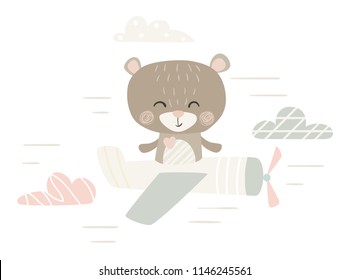 Bear baby flying in plane cute print. Sweet animal aviate airplane among the clouds. Teddy-bear fashion child vector. Cool illustration for nursery t-shirt, kids apparel, invitation, simple design