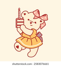 Bear baby girl in a dress holding a birthday cake. Cheerful illustration for baby products, birthday stickers, nursery prints, festive designs and children's decorations