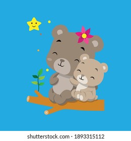 The bear with the baby bear is sitting together on the small branch under the star of illustration